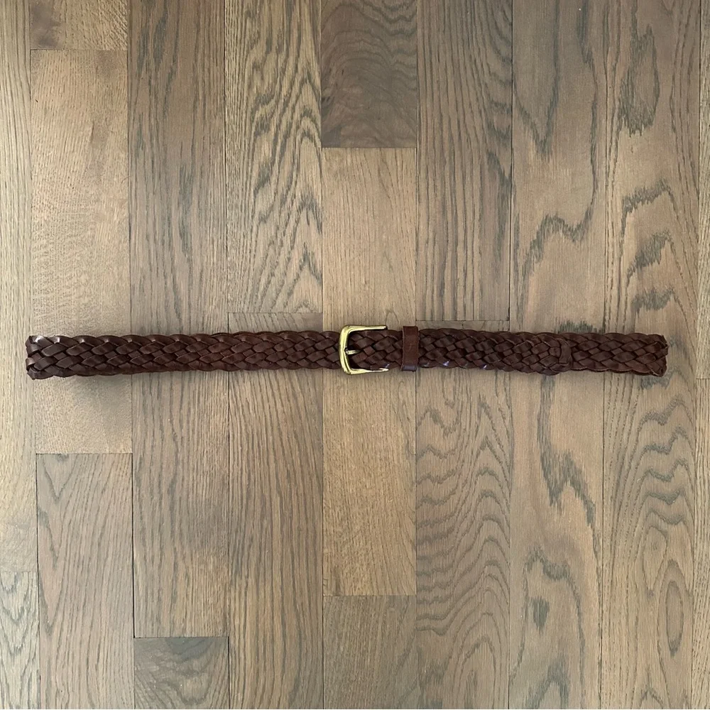 Vintage Braided Leather Belt with Rounded Square Brass Tone Buckle Dark Brown XL
